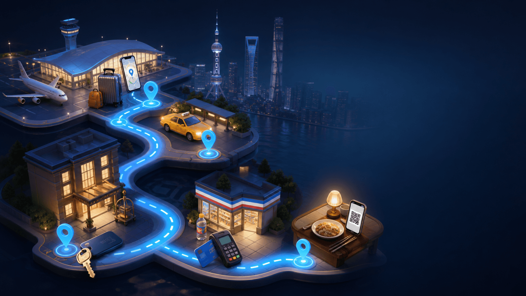 A stylized Shanghai first-day journey map with airport, taxi, hotel, store, and restaurant stops.